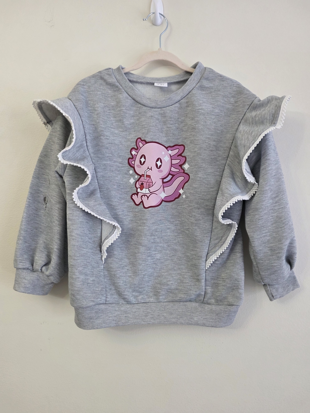 SHEIN Gray Sweatshirt with Pink Axolotl Ruffle Trim